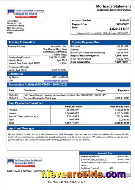 Nepal Machhapuchchhre Bank mortgage statement Word and PDF template
